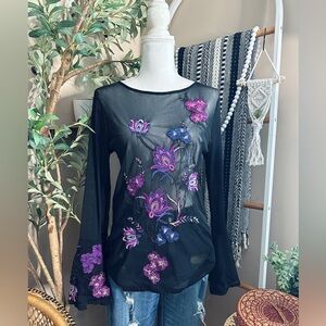Thalia Sodi Sheer Mesh Floral Embroidered Bell Sleeve Top Medium